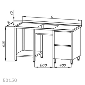 Stół ze zlewem 1-komorowym, blokiem dwóch szuflad i półką Egaz E2150 2200x700x850 mm