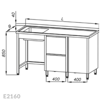 Stół ze zlewem 1-komorowym, blokiem dwóch szuflad i szafką Egaz E2160 2400x600x850 mm