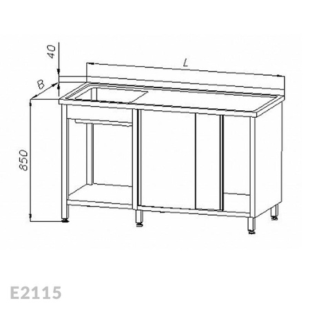 Stół ze zlewem 1-komorowym szafką i półką, drzwi suwane Egaz E2115 2000x600x850 mm