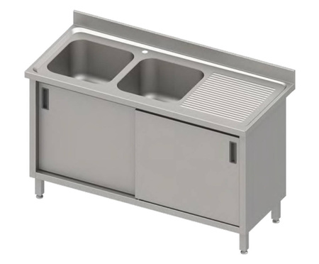 Stół ze zlewem 2-kom.(L),drzwi suwane 1500x600x850 mm, blat tłoczony,rant puszkowy 100x15x10