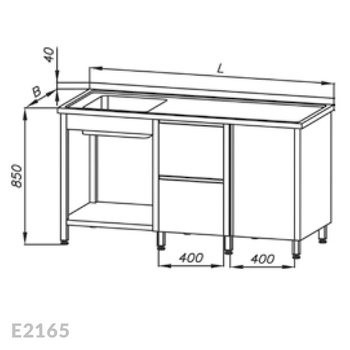 Stół ze zlewem 1-komorowym, blokiem dwóch szuflad, szafką i półką Egaz E2165 2500x700x850 mm