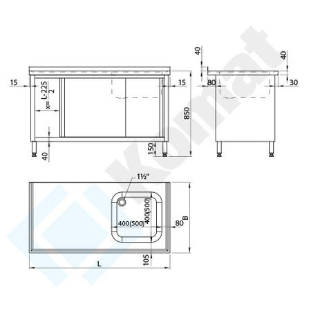 Stół ze zlewem i szafką z drzwiami suwanymi 1100x600 mm KST-103