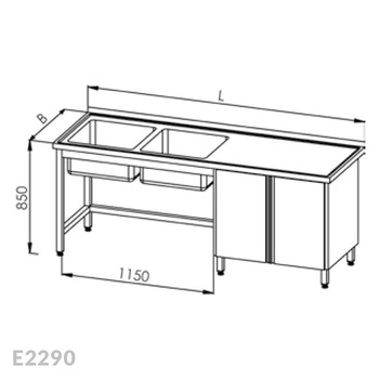 Stół ze zlewem 2-komorowym i szafką, drzwi uchylne Egaz E2290 2800x600x850 mm