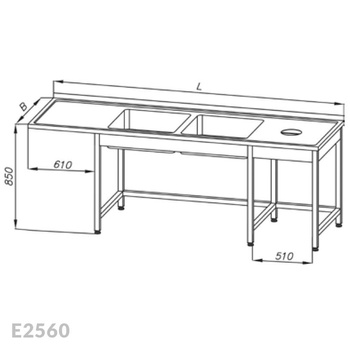 Stół ze zlewem 2-komorowym, miejscem na zmywarkę i otworem na odpadki Egaz E2560 2800x600x850 mm