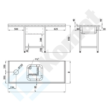 Stół ze zlewem otworem na odpadki i półką 1600x600 mm KST-145