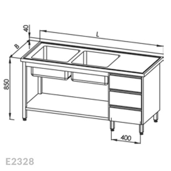 Stół ze zlewem 2-komorowym, blokiem trzech szuflad i półką Egaz E2328 1600x700x850 mm