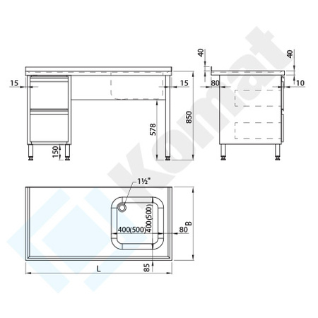 Stół ze zlewem szufladami i półką 1100x700x850 mm KST-105