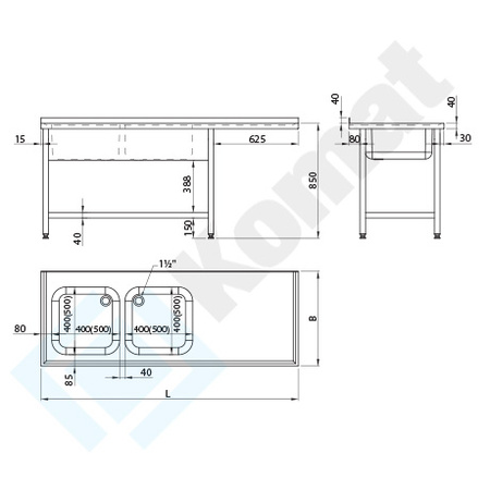 Stół ze zlewem dwukomorowym i półką 2000x700 mm KST-142