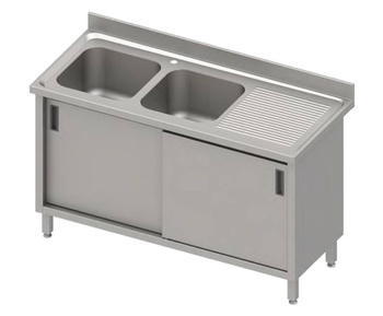 Stół ze zlewem 2-kom.(L),drzwi suwane 1400x700x850 mm, blat tłoczony,rant puszkowy 100x15x10