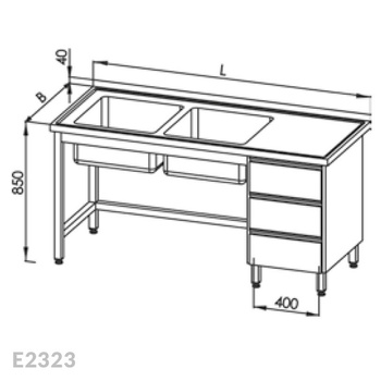 Stół ze zlewem 2-komorowym i blokiem trzech szuflad Egaz E2323 1900x700x850 mm