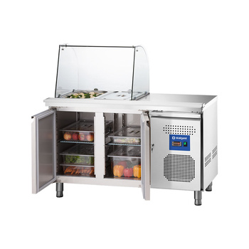 Stół chłodniczy 2 drzwiowy sałatkowy z nadstawą szklaną i blatem roboczym, 240 l