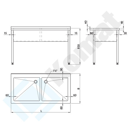 Stół z basenem dwukomorowym 1200x600x850 mm h=300 KBT-162