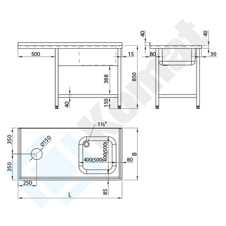 Stół ze zlewem otworem na odpadki i półką 1300x600 mm KST-144