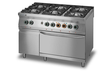 Kuchnia gazowa 6-palnikowa z piekarnikiem elektrycznym z termoobiegiem GN2/1 i szafką