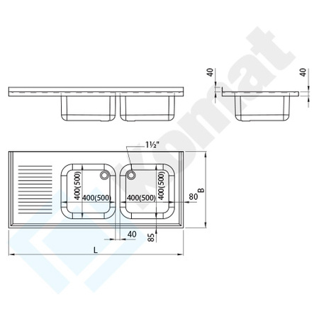 Płyta ze zlewem dwukomorowym i ociekaczem 1800x700 mm KST-138