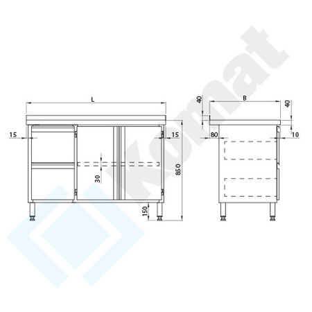 Stół przyścienny z szufladami i drzwiami skrzydłowymi 1600x600 mm KST-029