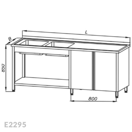 Stół ze zlewem 2-komorowym, szafką, drzwi uchylne i półką  Egaz E2295 2100x700x850 mm