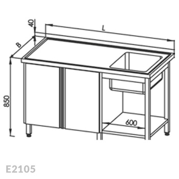 Stół ze zlewem 1-komorowym, szafką i półką, drzwi uchylne Egaz E2105 2200x600x850 mm