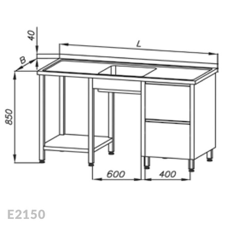 Stół ze zlewem 1-komorowym, blokiem dwóch szuflad i półką Egaz E2150 1800x700x850 mm