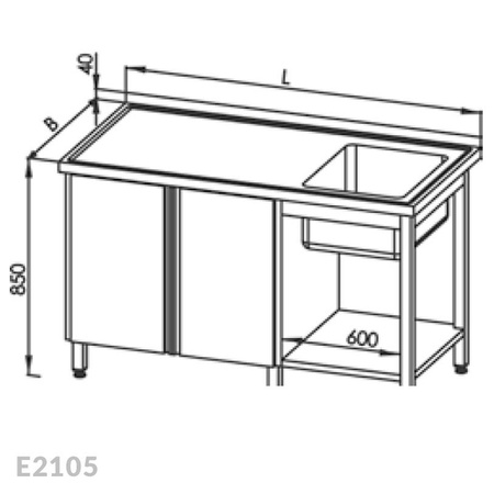Stół ze zlewem 1-komorowym, szafką i półką, drzwi uchylne Egaz E2105 2700x600x850 mm