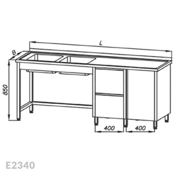Stół ze zlewem 2-komorowym, blokiem dwóch szuflad i szafką Egaz E2340 2400x700x850 mm