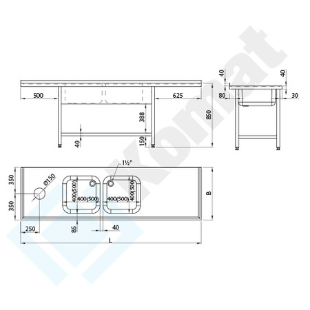 Stół ze zlewem dwukomorowym, otworem na odpadki i półką 2200x600 mm KST-147