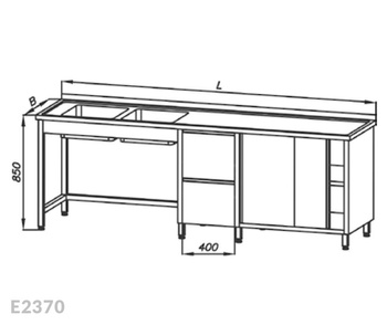 Stół ze zlewem 2-komorowym, blokiem dwóch szuflad i szafką, drzwi suwane Egaz E2370 2700x700x850 mm