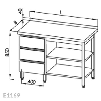 Stół roboczy z blokiem 3-ch szuflad i 2-ma półkami Egaz E1169 1600x700 mm