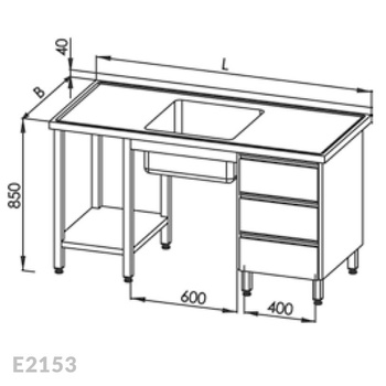 Stół ze zlewem 1-komorowym, blokiem trzech szuflad i półką Egaz E2153 1900x600x850 mm