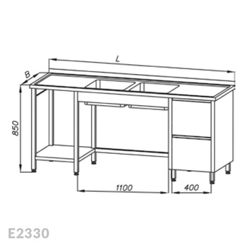 Stół ze zlewem 2-komorowym, blokiem dwóch szuflad i półką Egaz E2330 2400x600x850 mm