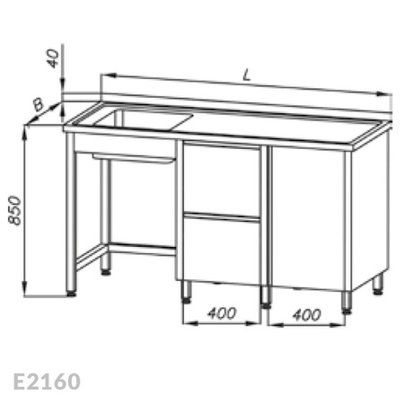 Stół ze zlewem 1-komorowym, blokiem dwóch szuflad i szafką Egaz E2160 1700x700x850 mm