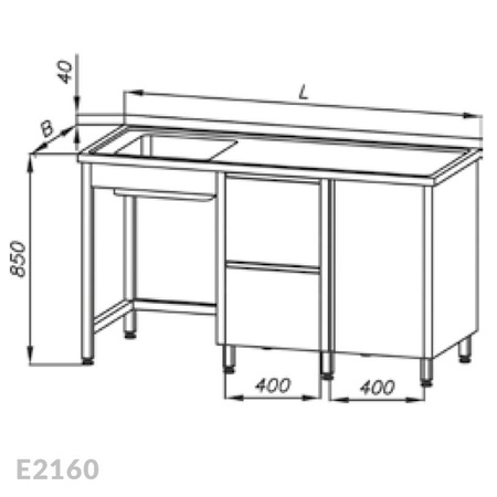 Stół ze zlewem 1-komorowym, blokiem dwóch szuflad i szafką Egaz E2160 2500x600x850 mm