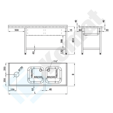 Stół ze zlewem dwukomorowym, otworem na odpadki i półką 1700x700 mm KST-146