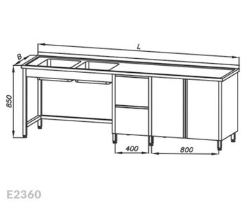 Stół ze zlewem 2-komorowym, blokiem dwóch szuflad i szafką, drzwi uchylne Egaz E2360 2300x700x850 mm