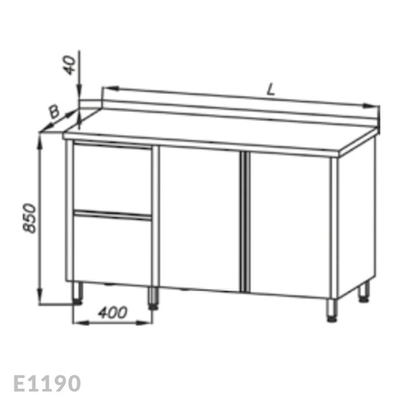 Stół roboczy z szafką, drzwi uchylne i blokiem 2-ch szuflad Egaz E1190 1500x700 mm