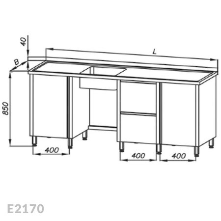 Stół ze zlewem 1-komorowym, blokiem dwóch szuflad i dwoma szafkami Egaz E2170 1900x700x850 mm