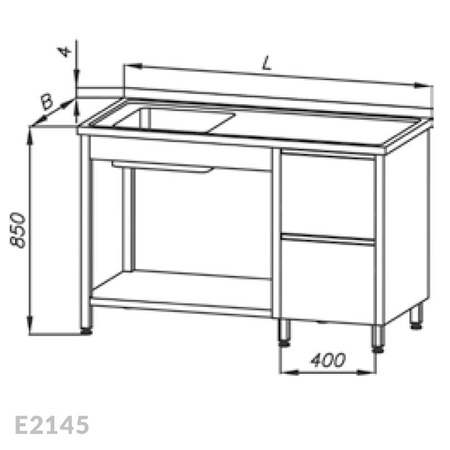 Stół ze zlewem 1-komorowym, blokiem dwóch szuflad i półką Egaz E2145 1800x600x850 mm