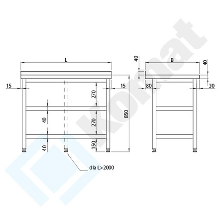 Stół przyścienny z dwiema półkami 1600x700 mm KST-005