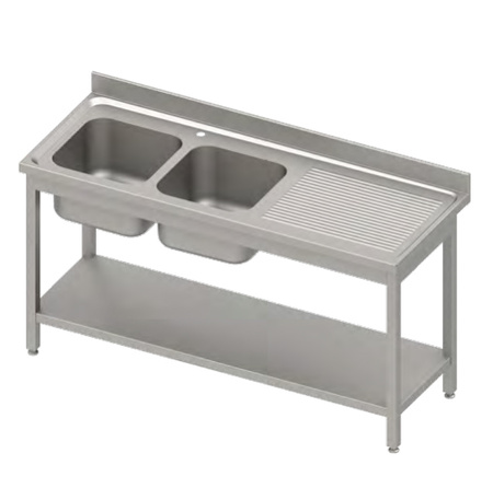 Stół ze zlewem 2-kom.(L),z półką 1500x700x850 mm skręcany, blat tłoczony,rant puszkowy 100x15x10