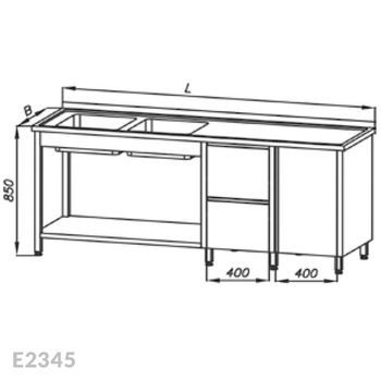 Stół ze zlewem 2-komorowym, blokiem dwóch szuflad, szafką i półką Egaz E2345 2100x700x850 mm