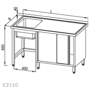 Stół ze zlewem 1-komorowym i szafką, drzwi suwane Egaz E2110 2500x600x850 mm