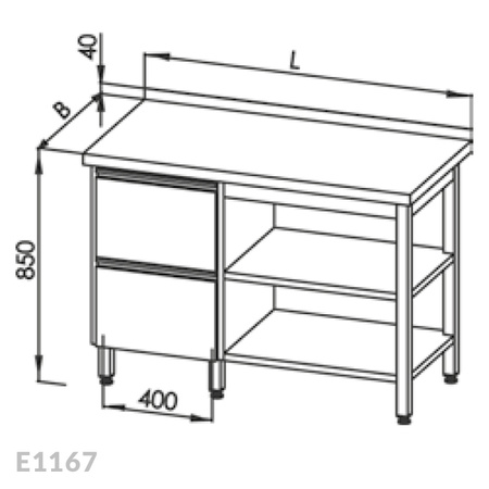 Stół roboczy z blokiem 2-ch szuflad i 2-ma półkami Egaz E1167 1300x700 mm