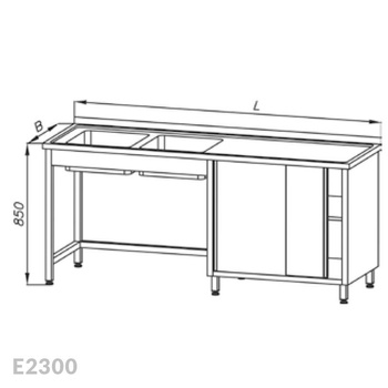 Stół ze zlewem 2-komorowym i szafką, drzwi suwane  Egaz E2300 2700x600x850 mm