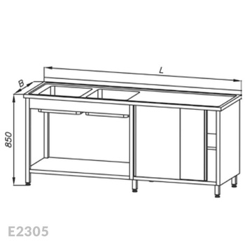 Stół ze zlewem 2-komorowym, szafką, drzwi suwane i półką  Egaz E2305 2700x600x850 mm
