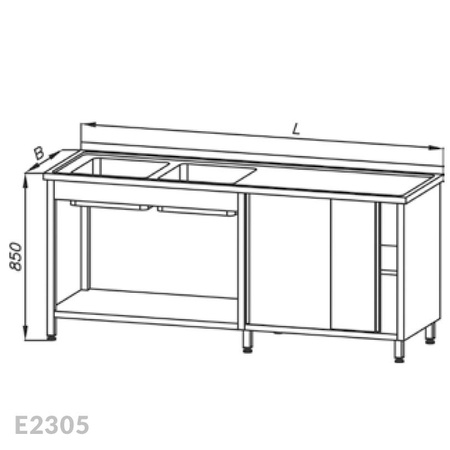 Stół ze zlewem 2-komorowym, szafką, drzwi suwane i półką Egaz E2305 2800x600x850 mm