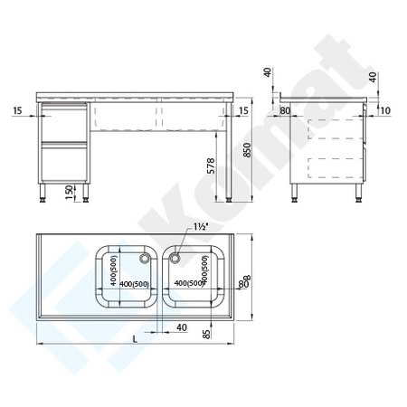 Stół ze zlewem dwukomorowym szufladami i półką 2300x700 mm KST-125
