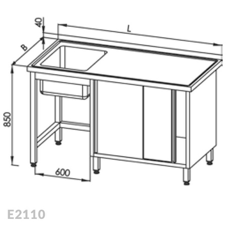 Stół ze zlewem 1-komorowym i szafką, drzwi suwane Egaz E2110 2000x700x850 mm