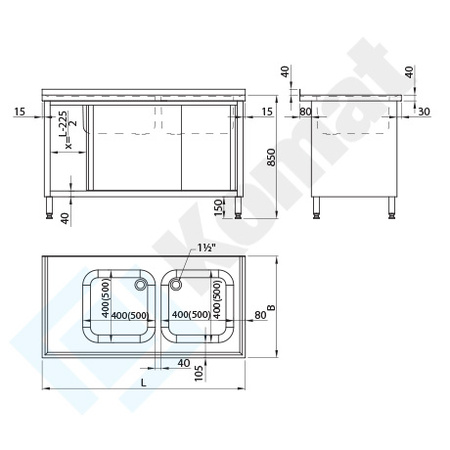 Stół ze zlewem dwukomorowym i drzwiami suwanymi 1500x600 mm KST-123