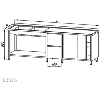 Stół ze zlewem 2-komorowym, blokiem dwóch szuflad, szafką, drzwi suwane i półką Egaz E2375 2300x700x850 mm