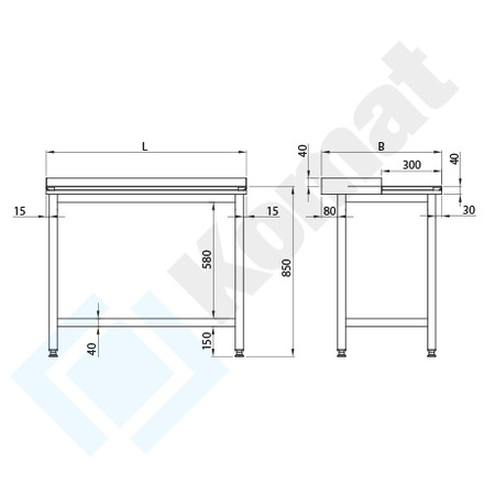 Stół przyścienny z deską z polietylenu i półką 1800x600 mm KST-012